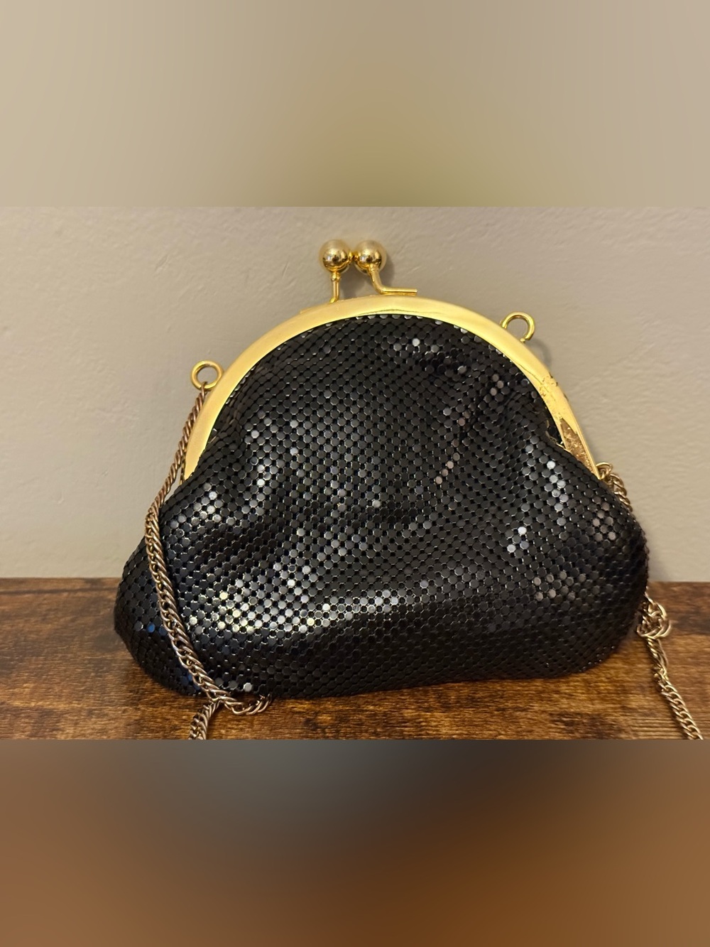 Whiting & Davis Black Sequin Clutch with Gold Frame